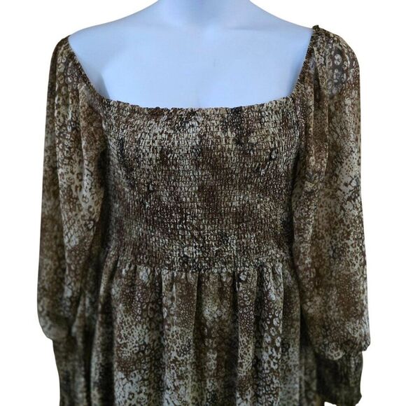 Animal Print Long Sleeve Smocked Midi Ruffle Hem milk maid cottagecore peasant - Picture 3 of 9